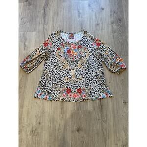 JOHNNY WAS Cheetah Floral Puff Sleeve Top Blouse Women’s 1X